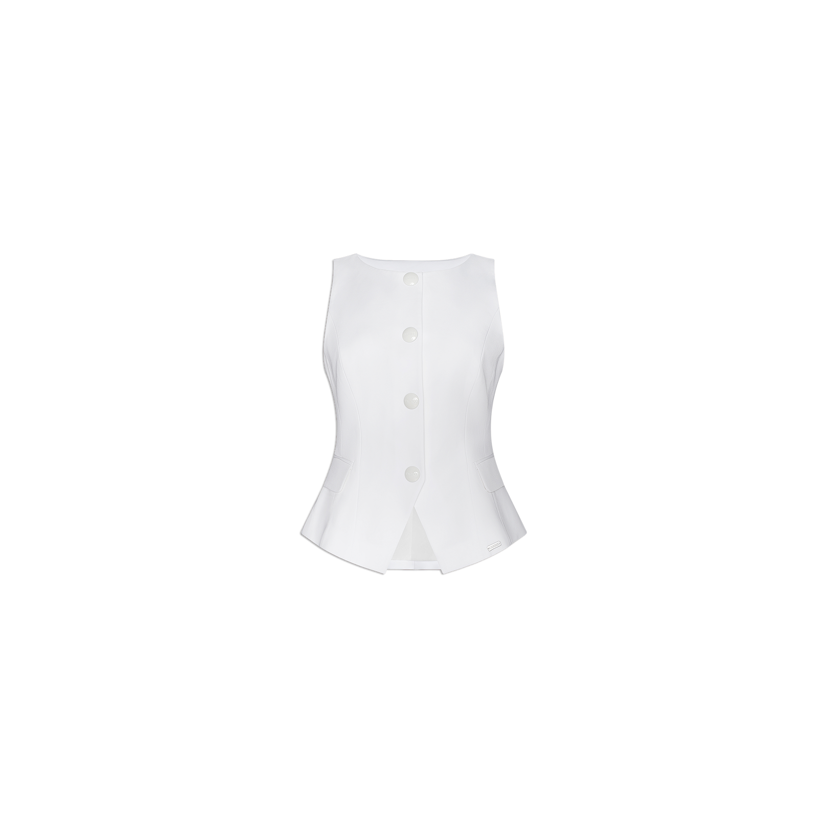 Tessa Vest: A sleeveless white suit vest made from stretch fabric, featuring four large buttons down the front and a flared hem, showcased against a plain white background.
