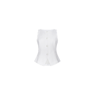 Tessa Vest: A sleeveless white suit vest made from stretch fabric, featuring four large buttons down the front and a flared hem, showcased against a plain white background.