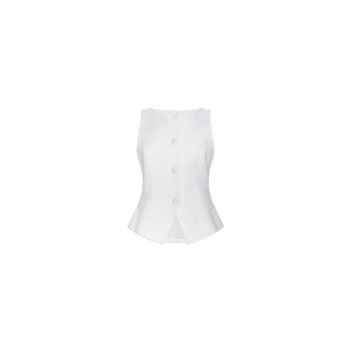 The Tessa Vest, a sleeveless white piece featuring four prominent front buttons and a tailored fit, exudes modern sophistication with its minimalist design, showcased against a plain white background.