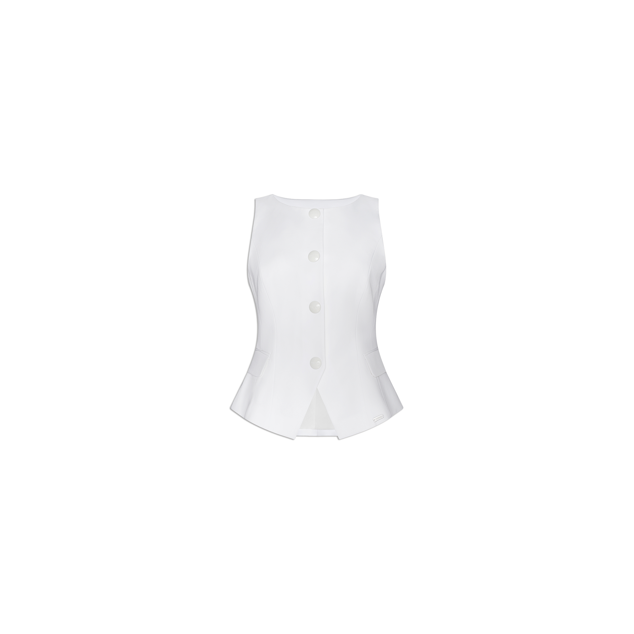 Tessa Vest: A sleeveless white suit vest made from stretch fabric, featuring four large buttons down the front and a flared hem, showcased against a plain white background.