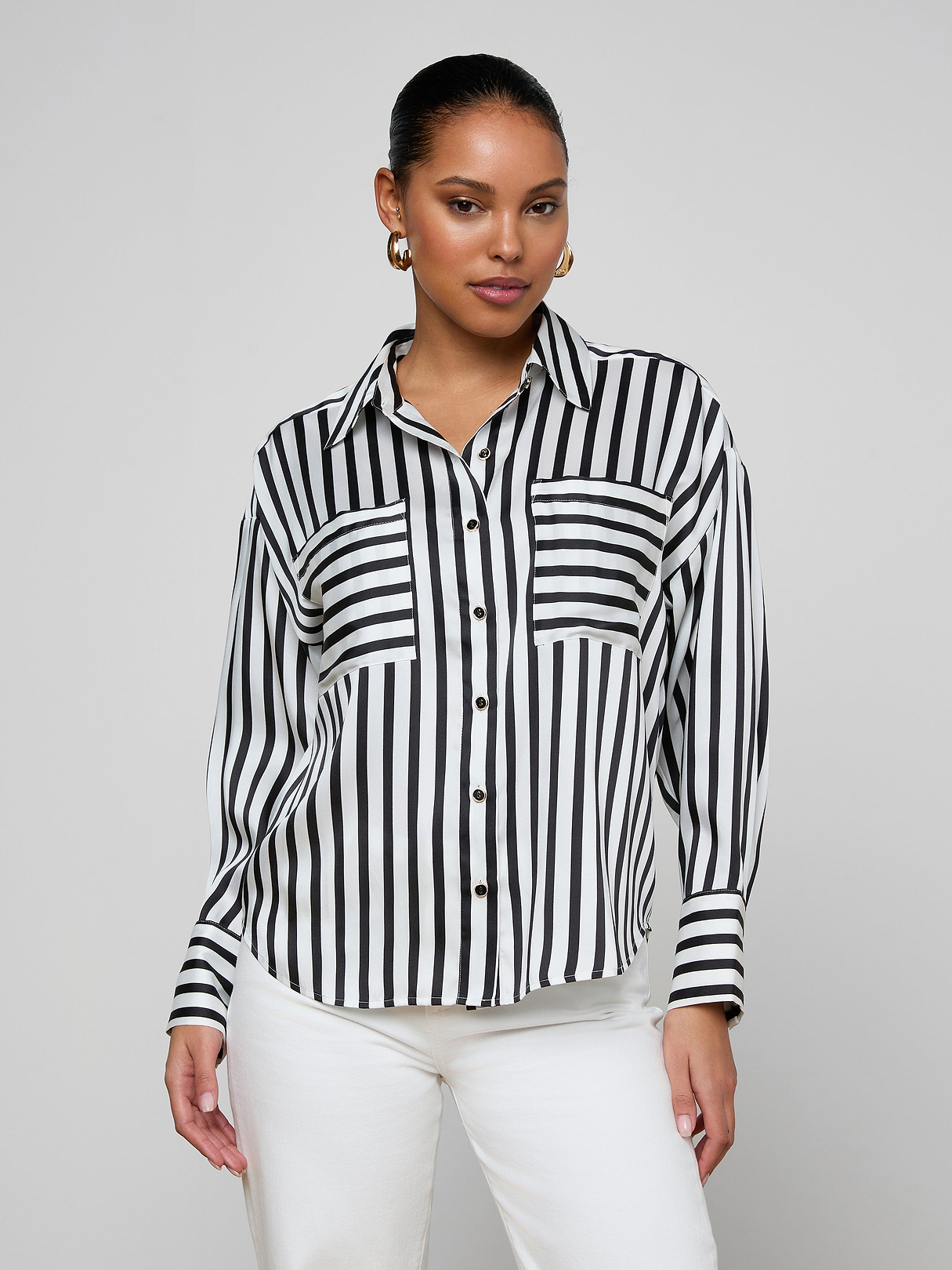 Eliora Shirt in Black/Ivory Even Stripe | L'AGENCE