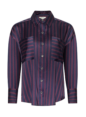 The Eliora Shirt is a long-sleeved, button-up featuring dark navy and burgundy vertical stripes, two large chest pockets, and a pointed collar—ideal for embracing Fall 2026 New York Fashion Week trends.