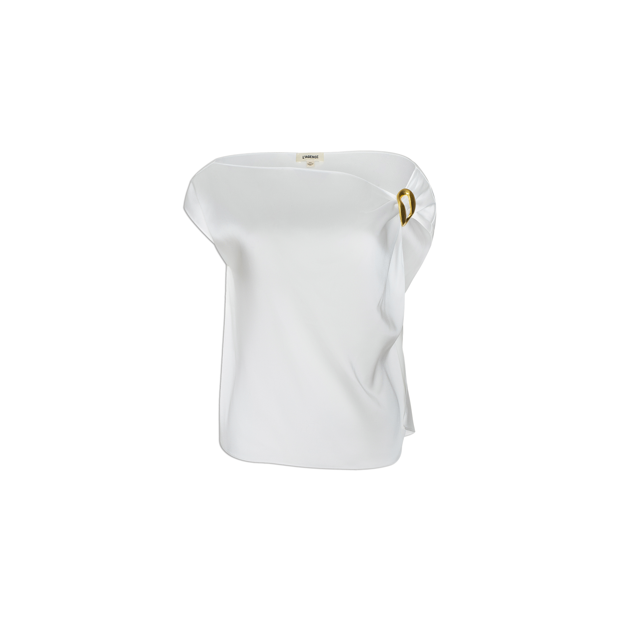 The Driselle Scarf Top is a white, asymmetrical sleeveless satin piece featuring a loose fit and a gold buckle accent that gathers the fabric at one shoulder, shown against a plain white background.