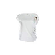 The Driselle Scarf Top is a white, asymmetrical sleeveless satin piece featuring a loose fit and a gold buckle accent that gathers the fabric at one shoulder, shown against a plain white background.