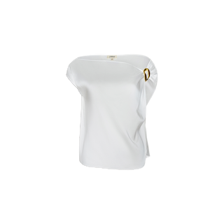 The Driselle Scarf Top is a white, asymmetrical sleeveless satin piece featuring a loose fit and a gold buckle accent that gathers the fabric at one shoulder, shown against a plain white background.