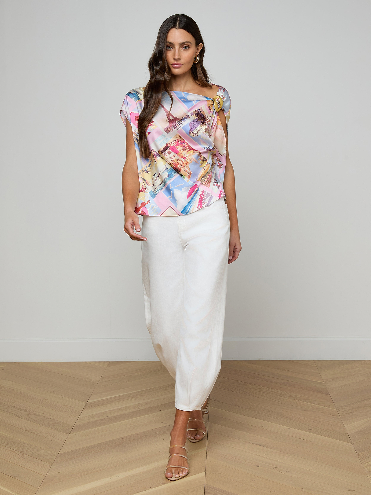 Driselle Scarf Top in Light Pink Multi Large Postcard Print | L'AGENCE