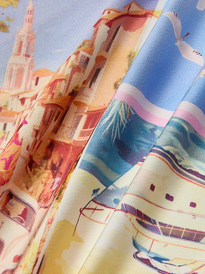 The Driselle Scarf Top features a colorful postcard print with seaside buildings, palm trees, boats, and a seagull under pastel skies—ideal for vacation wear. Gentle folds create textured charm for a stylish look.