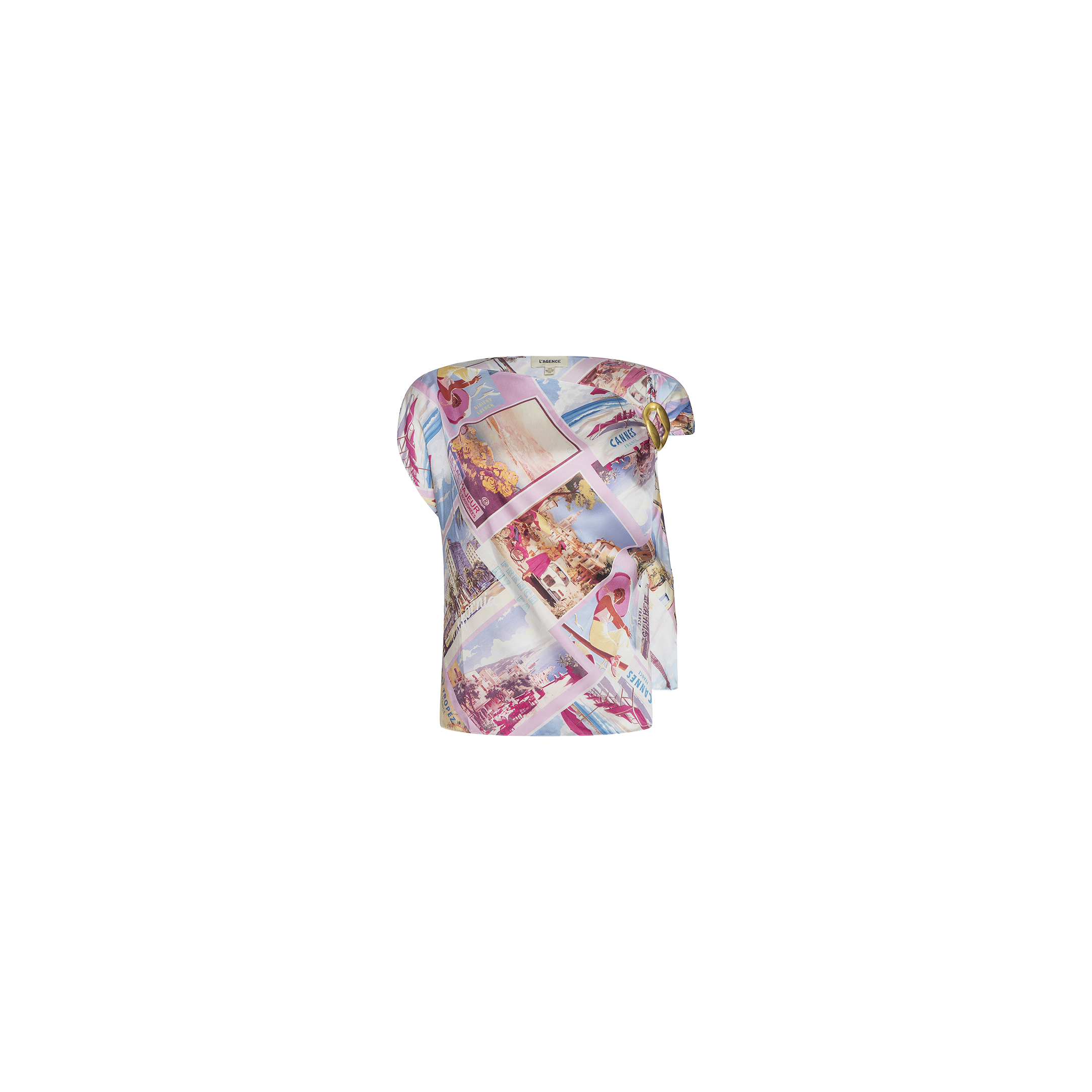 The Driselle Scarf Top is a short-sleeved, asymmetrical women’s top adorned with a pastel collage and postcard print featuring vintage-style images and text—perfect for vacation wear. Shown here on a plain white background.