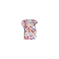 The Driselle Scarf Top is a short-sleeved, asymmetrical women’s top adorned with a pastel collage and postcard print featuring vintage-style images and text—perfect for vacation wear. Shown here on a plain white background.