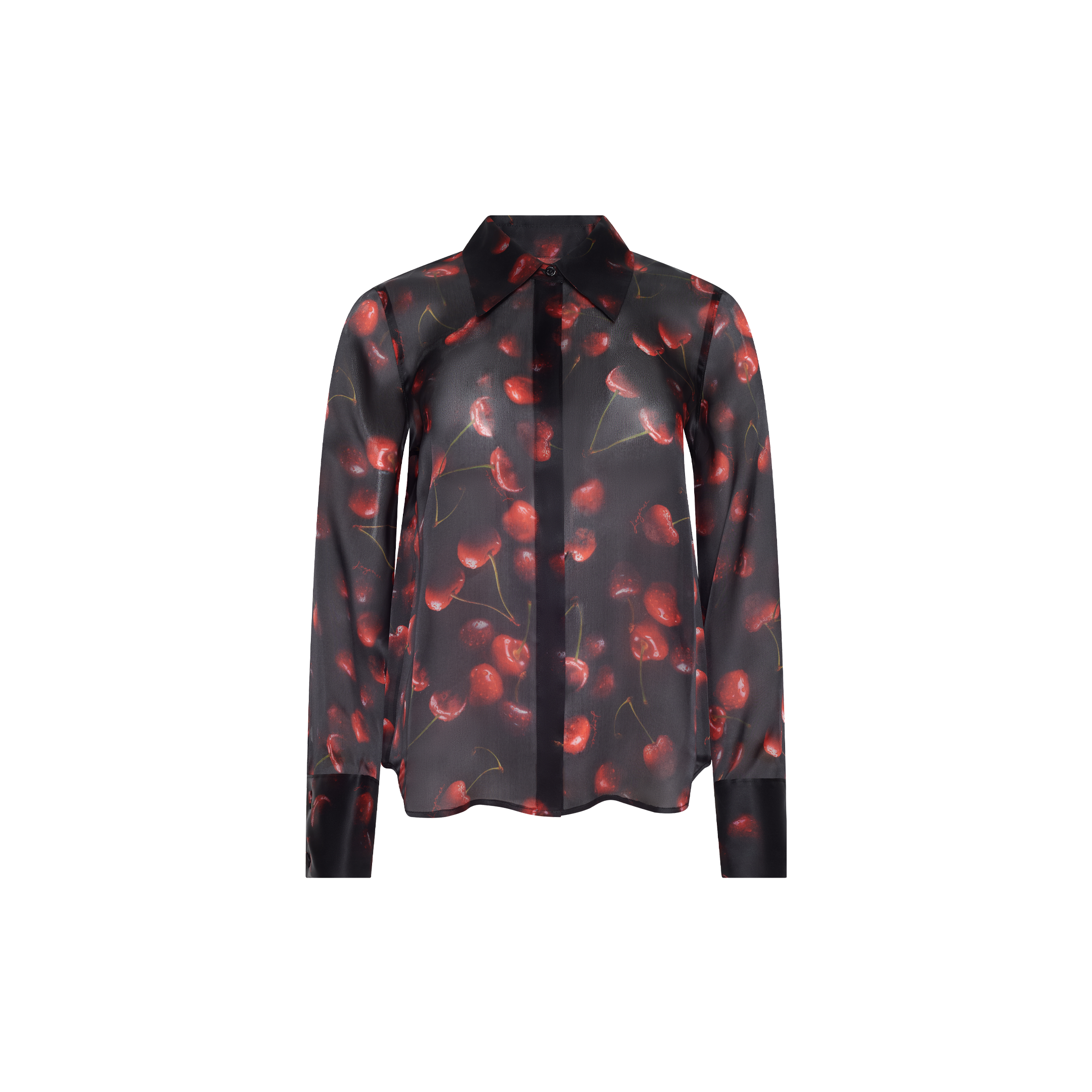 Sona Silk Blouse in sheer black with long sleeves, buttons, and a red cherry print.