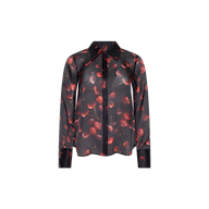 Sona Silk Blouse in sheer black with long sleeves, buttons, and a red cherry print.