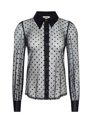 The Sophie Long-Sleeved Blouse is a sheer Swiss dot top with black polka dots, button front, black collar and cuffs. It features a fitted shape, slight puff shoulders, and long sleeves for a feminine look.