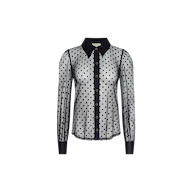 The Sophie Long-Sleeved Blouse is a sheer black, feminine blouse featuring a Swiss dot pattern, complete with a black collar, cuffs, and button placket. It is displayed on a plain white background.