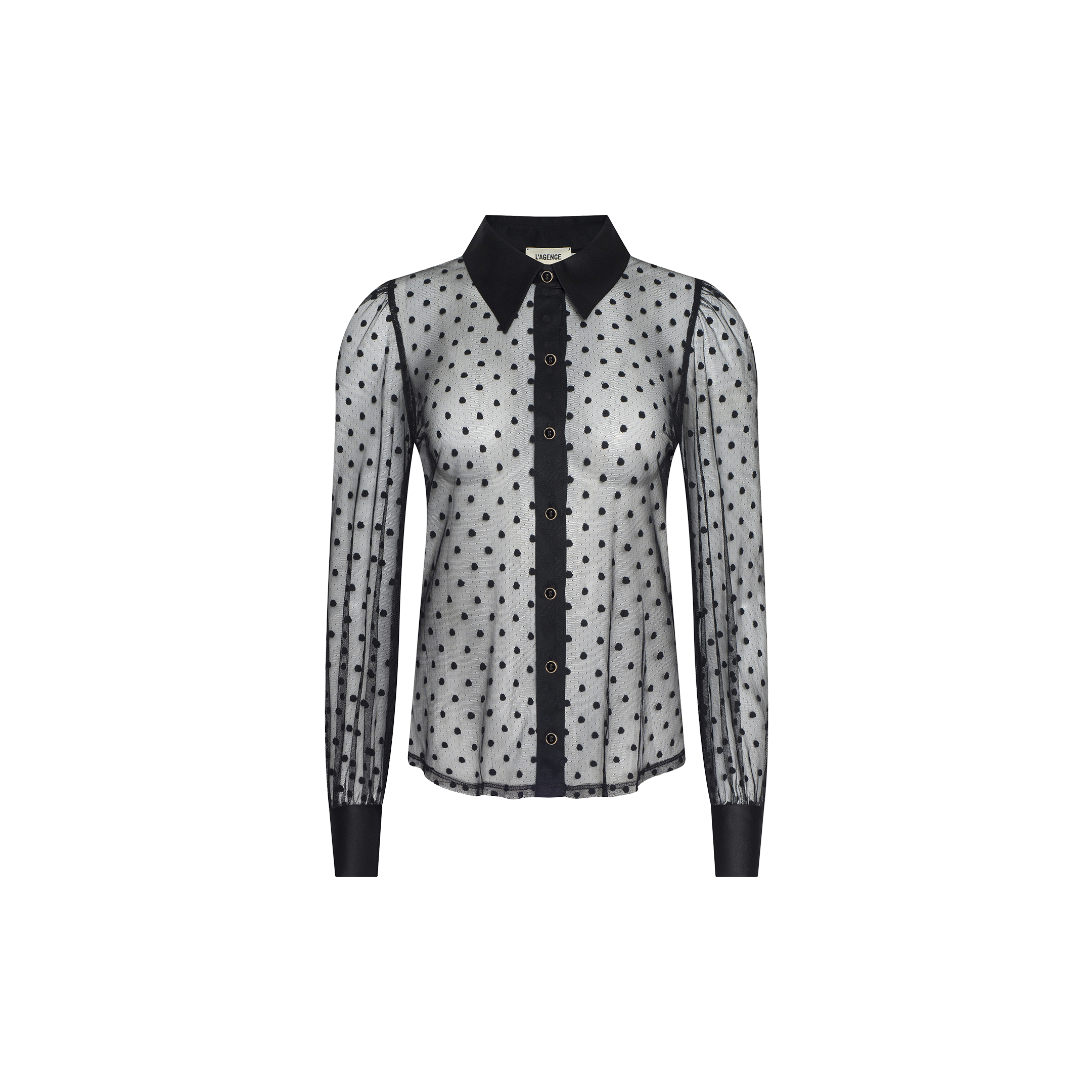 The Sophie Long-Sleeved Blouse is a sheer black, feminine blouse featuring a Swiss dot pattern, complete with a black collar, cuffs, and button placket. It is displayed on a plain white background.