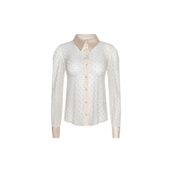 The Sophie Long-Sleeved Blouse features a sheer white fabric with a subtle swiss dot pattern, complemented by satin cuffs and collar. This delicate, feminine top offers long sleeves and a button-down front for an elegant finish.