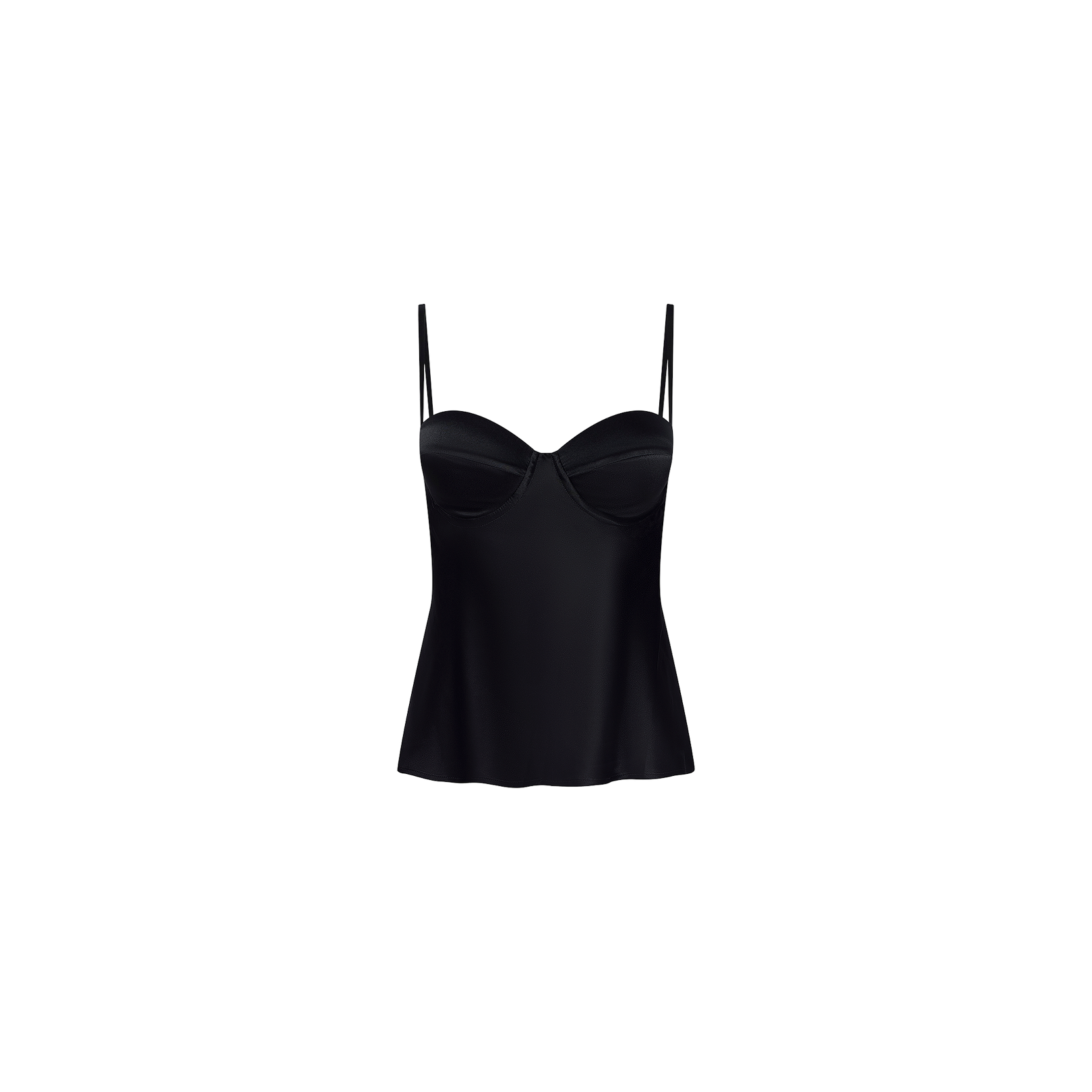 The Orlina Silk Camisole is a black top featuring thin spaghetti straps, underwire cups, and a slightly flared hem, displayed on a plain white background.