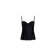 The Orlina Silk Camisole is a black top featuring thin spaghetti straps, underwire cups, and a slightly flared hem, displayed on a plain white background.