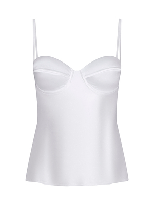 The Orlina Silk Camisole is a white silk top featuring thin adjustable straps, underwire cups for support, and a flared hem, shown against a plain white background.