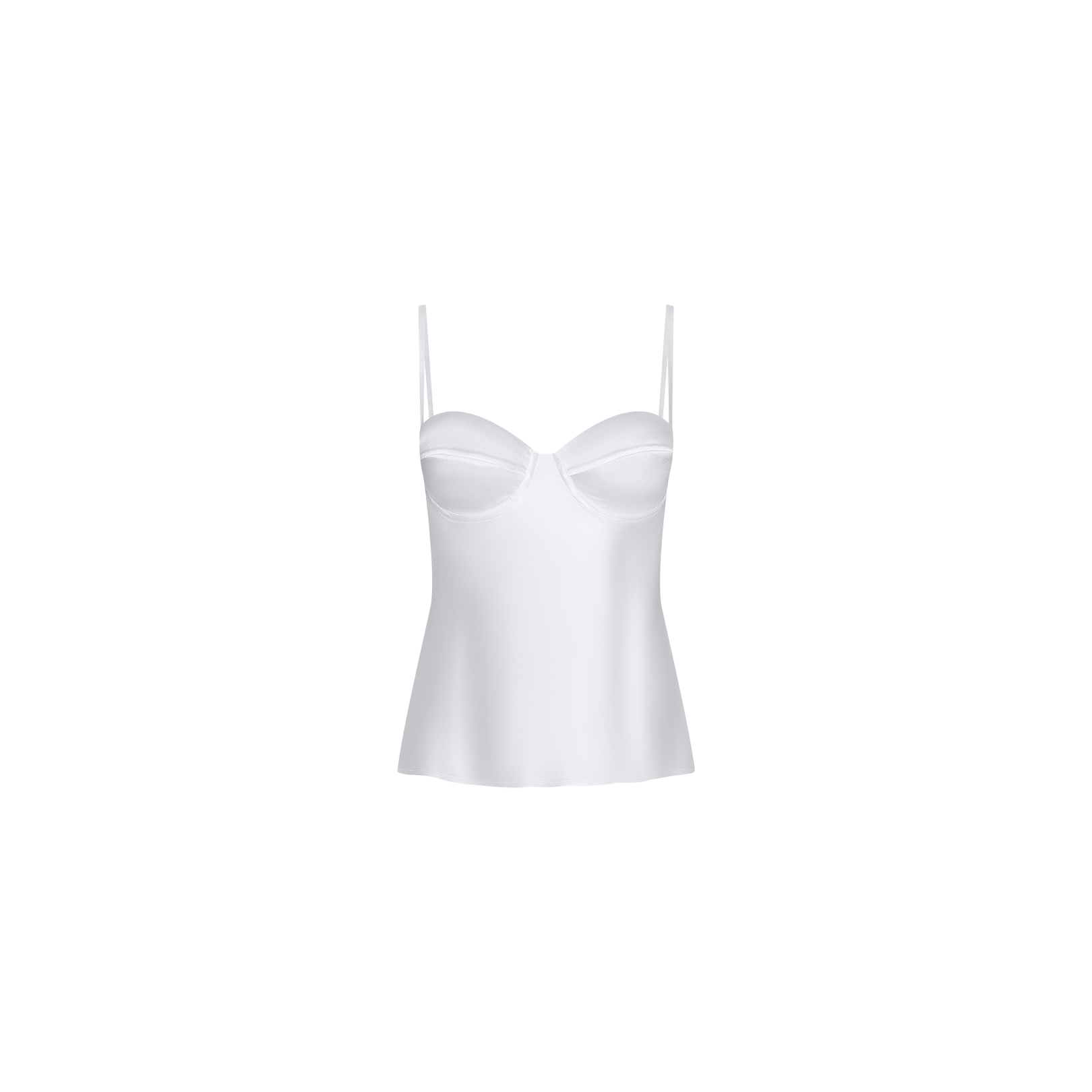 The Orlina Silk Camisole is a white satin camisole with thin spaghetti straps and a structured bust featuring underwire cups, making it an all-season essential. Shown on a plain white background.
