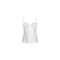 The Orlina Silk Camisole is a white satin camisole with thin spaghetti straps and a structured bust featuring underwire cups, making it an all-season essential. Shown on a plain white background.
