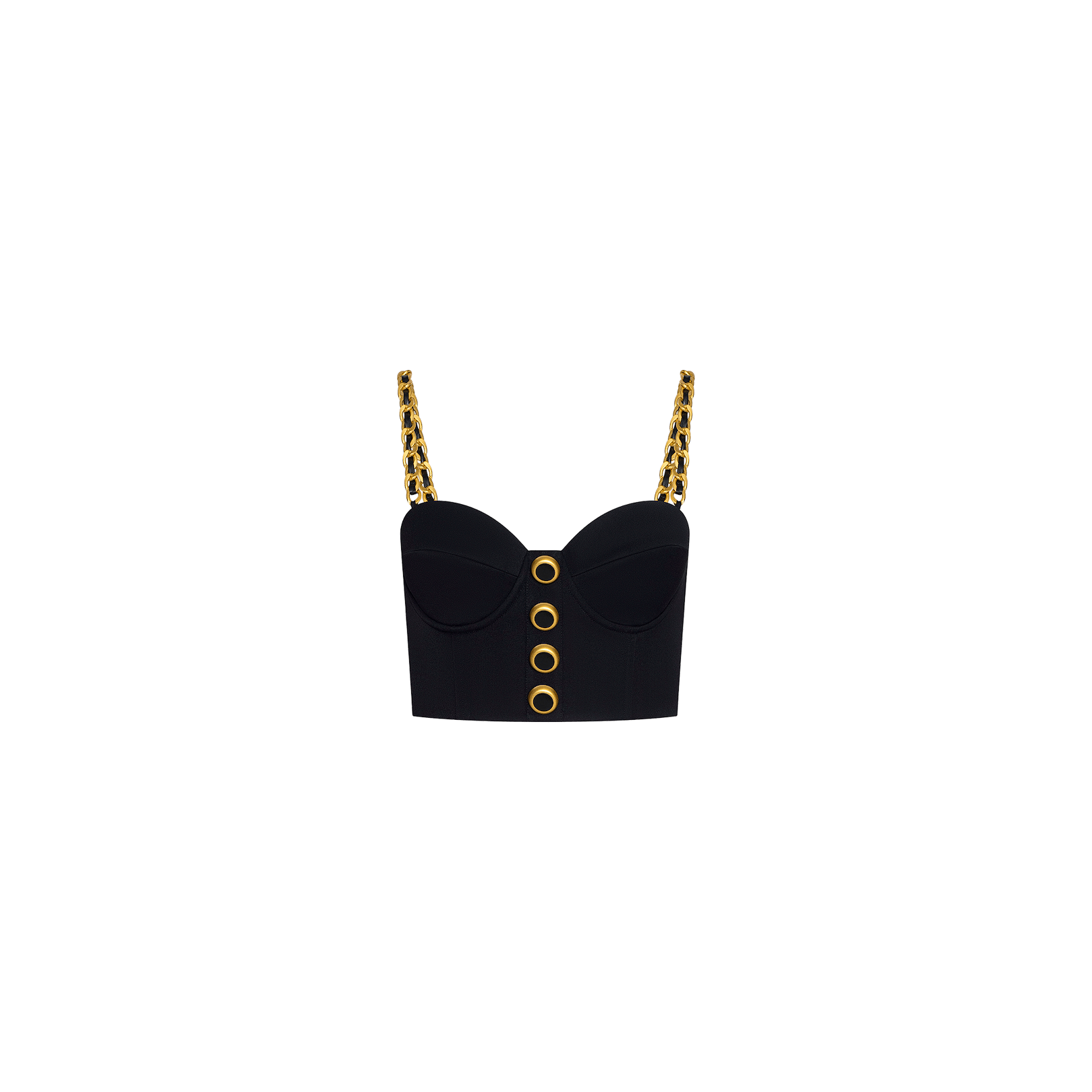 A black cropped bustier called the Sophia Chain Bralette, featuring a structured silhouette with gold chain straps and large gold grommet details down the front, crafted from stretch suiting fabric and displayed on a plain white background.