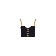 A black cropped bustier called the Sophia Chain Bralette, featuring a structured silhouette with gold chain straps and large gold grommet details down the front, crafted from stretch suiting fabric and displayed on a plain white background.