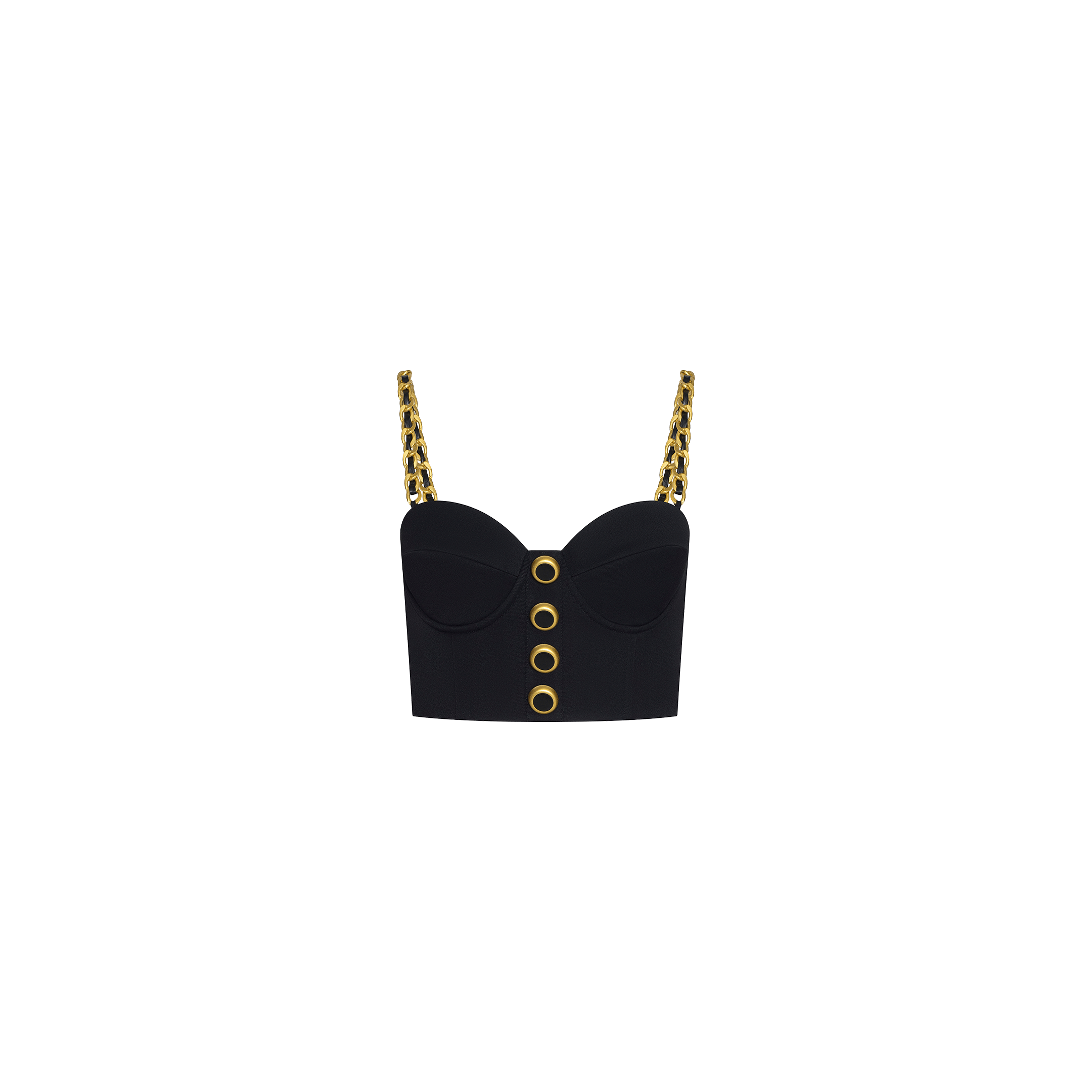 A black cropped bustier called the Sophia Chain Bralette, featuring a structured silhouette with gold chain straps and large gold grommet details down the front, crafted from stretch suiting fabric and displayed on a plain white background.