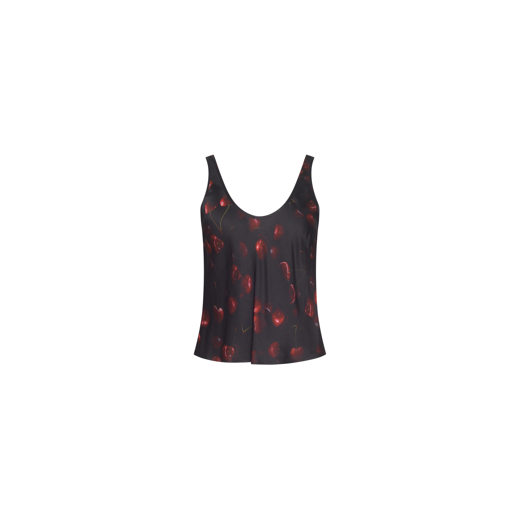 Eddie Satin Tank in black, featuring a bias-cut satin construction, scoop neckline, and red cherry print.