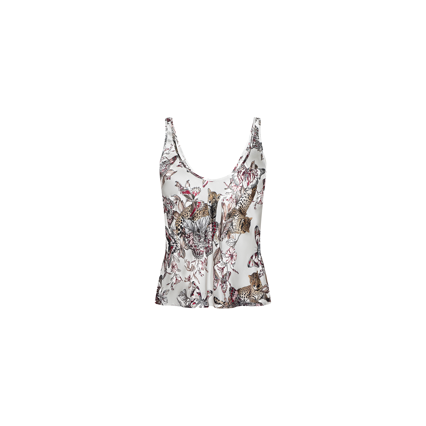 Eddie Tank: Sleeveless white satin top with a deep V-neckline, featuring an intricate and vibrant multicolored animal and floral print on bias-cut fabric, displayed against a plain white background.