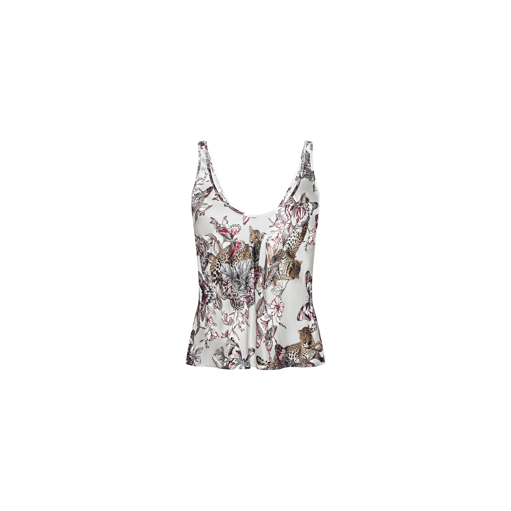 Eddie Tank: Sleeveless white satin top with a deep V-neckline, featuring an intricate and vibrant multicolored animal and floral print on bias-cut fabric, displayed against a plain white background.