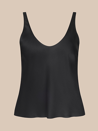 The Eddie Tank is a sleeveless black satin camisole with a bias cut and deep scoop neckline, shown against a plain beige background.