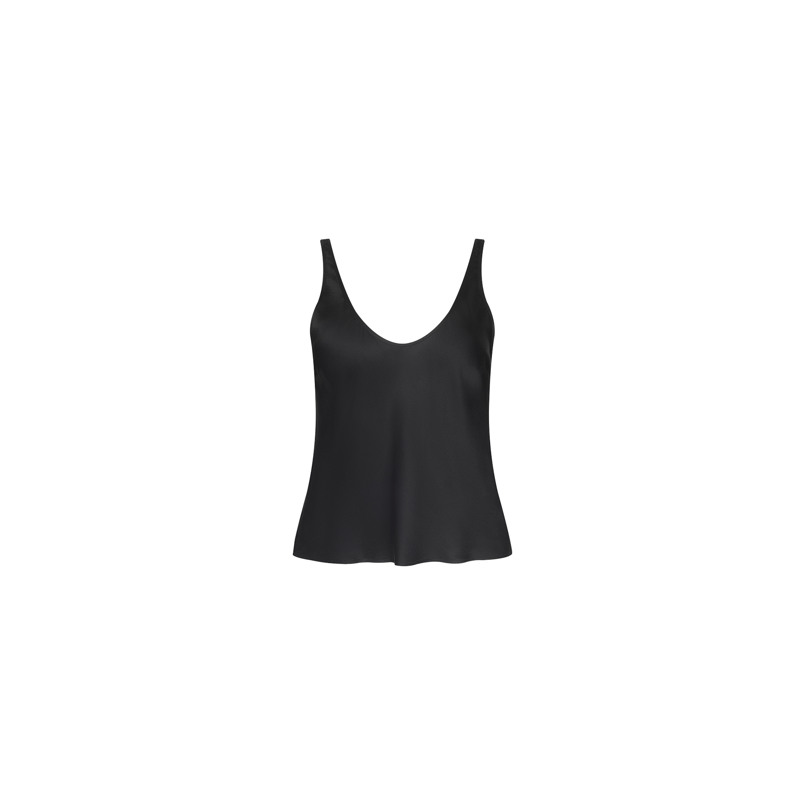 The Eddie Tank is a black bias-cut satin camisole with thin straps and a scoop neckline, offering a flattering drape, shown against a plain white background.