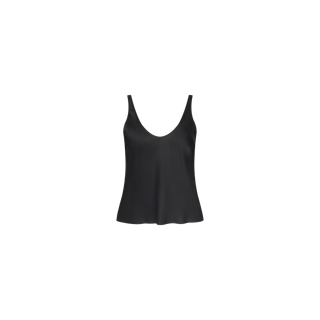 The Eddie Tank is a black sleeveless camisole with a flattering drape and scoop neckline, crafted from smooth, bias-cut satin fabric and shown against a plain white background.