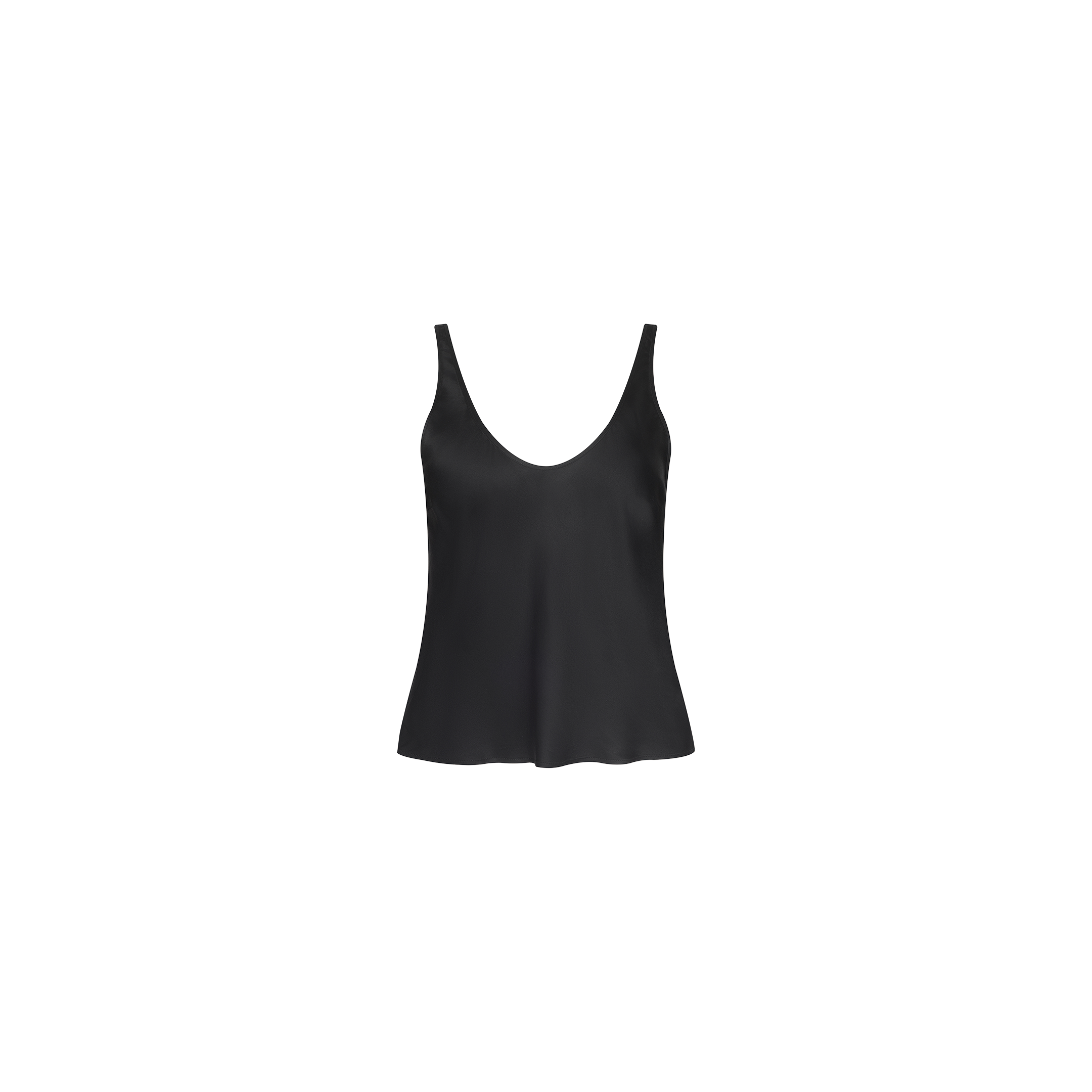 The Eddie Tank is a black bias-cut satin camisole with thin straps and a scoop neckline, offering a flattering drape, shown against a plain white background.