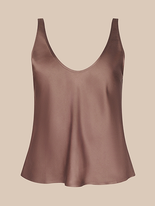 The Eddie Tank is a sleeveless, loose-fitting camisole crafted from bias-cut satin in a rich cardamom brown, featuring a deep scoop neckline and displayed against a plain beige background.