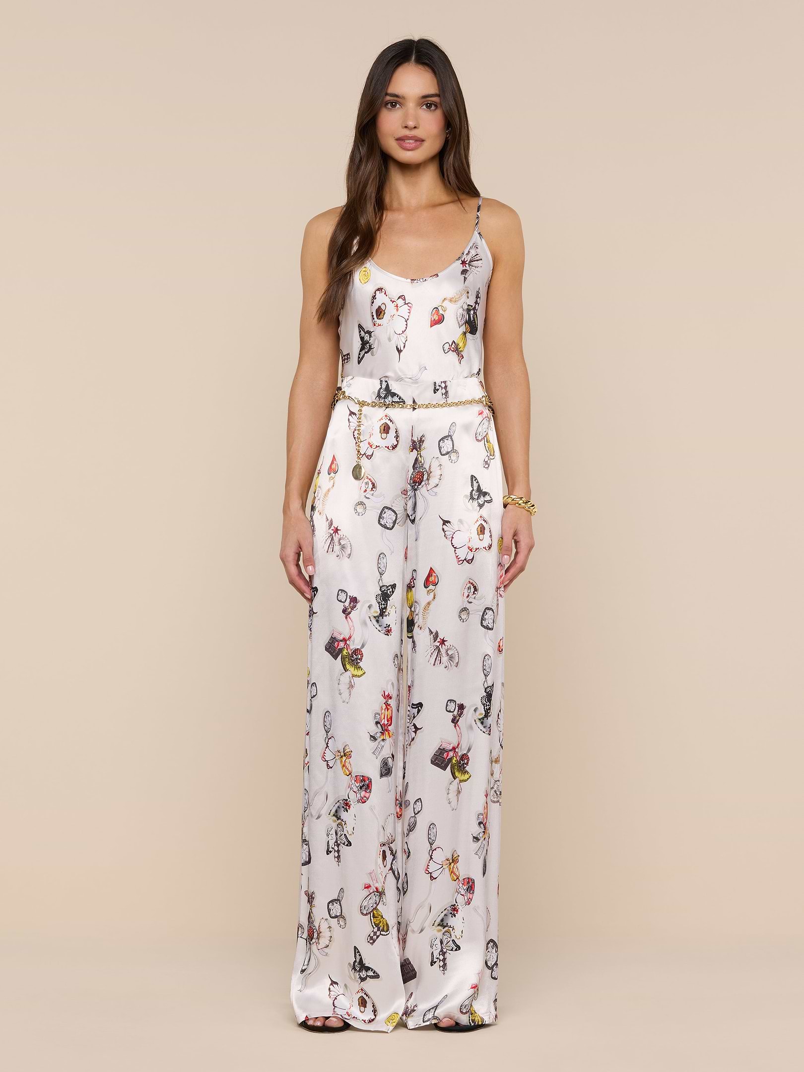 Charmy Satin Camisole in Ecru Multi Lock Butterfly | L'AGENCE