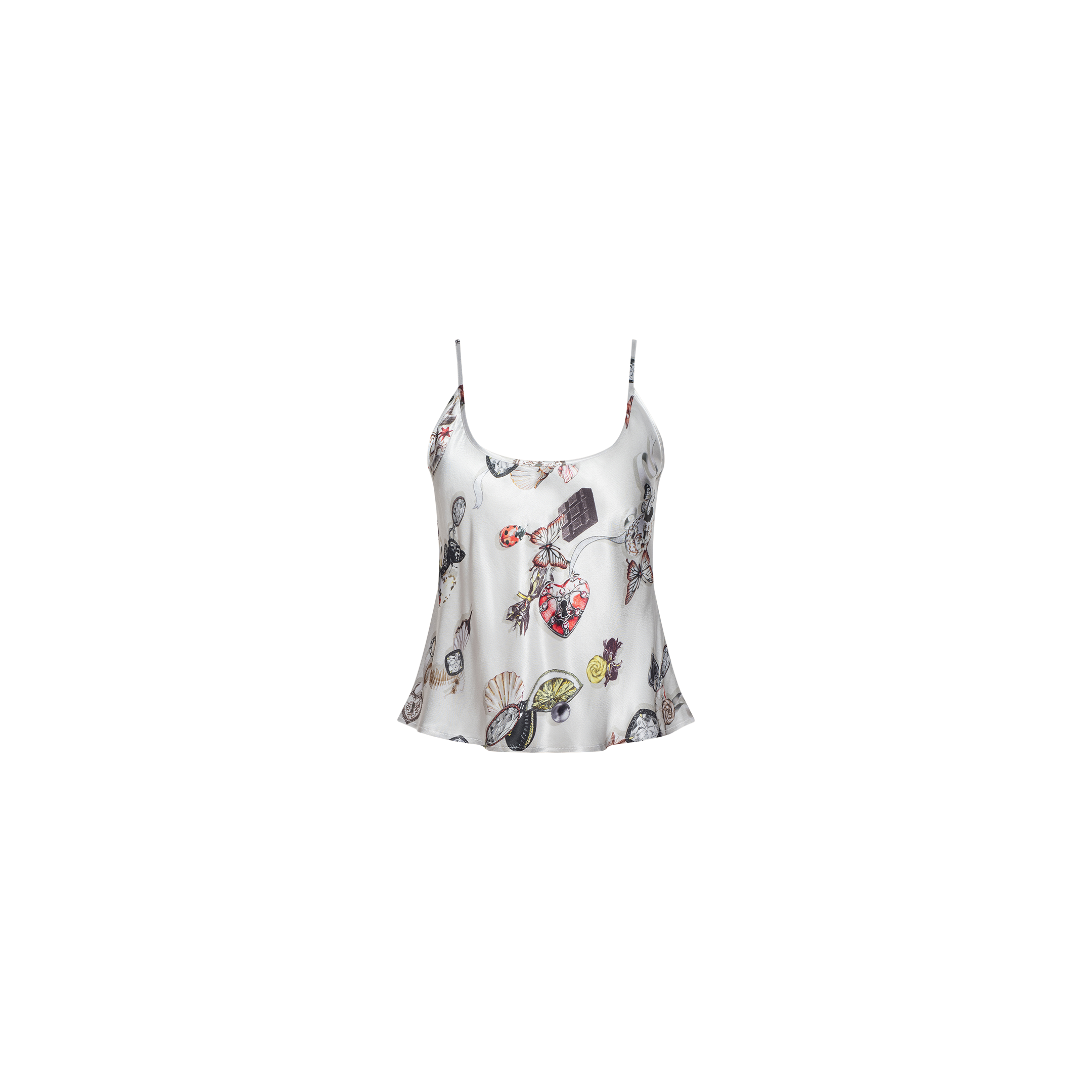 The Charmy Satin Camisole is crafted from white satin with thin straps and adorned with a colorful, whimsical butterfly print featuring flowers, perfume bottles, and a variety of illustrated accessories.
