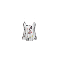 The Charmy Satin Camisole is crafted from white satin with thin straps and adorned with a colorful, whimsical butterfly print featuring flowers, perfume bottles, and a variety of illustrated accessories.