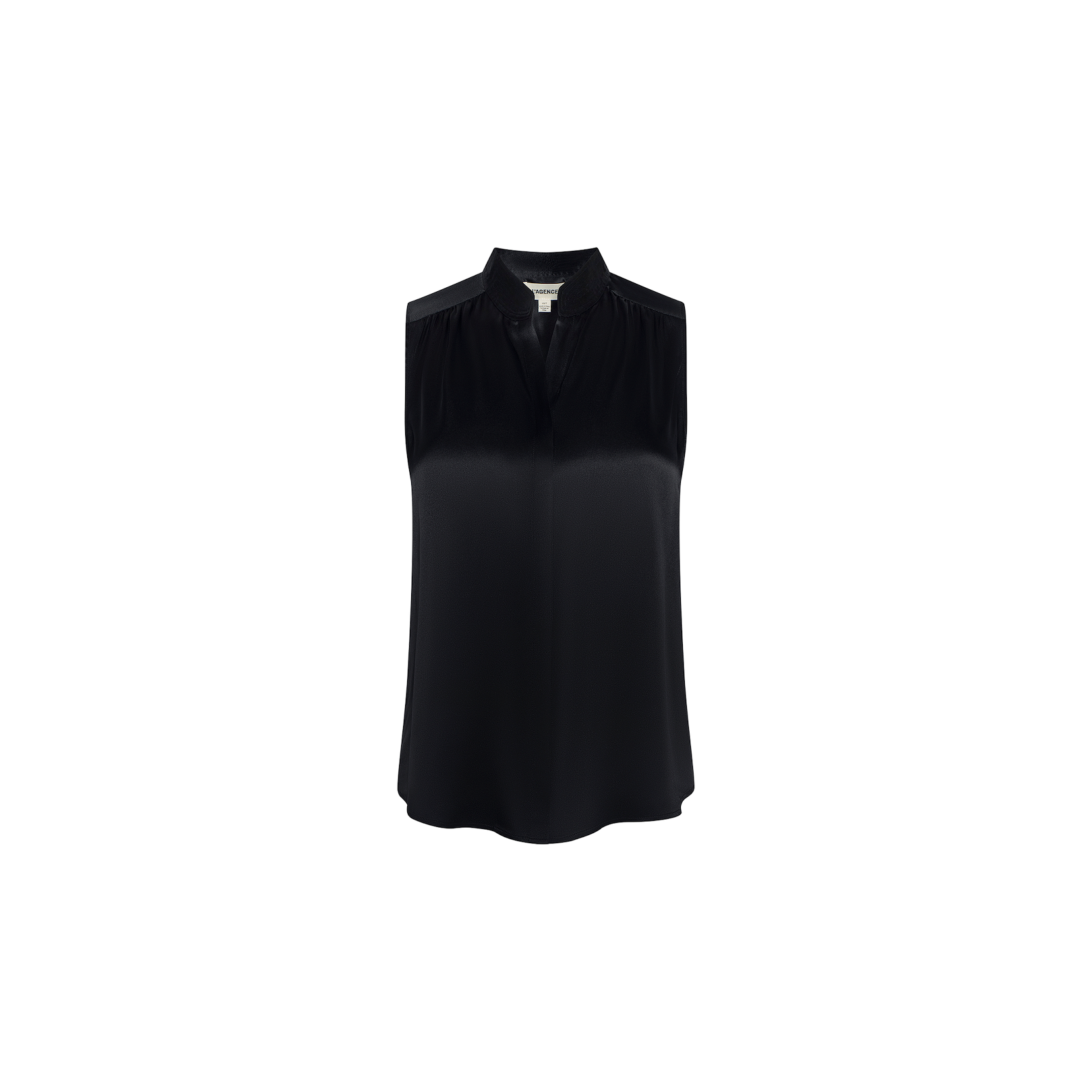 The Phoebe Silk Blouse is a sleeveless black silk charmeuse top featuring a loose fit, stand collar, and subtle gathered detailing at the shoulders, shown against a plain white background.