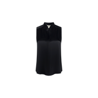 The Phoebe Silk Blouse is a sleeveless black silk charmeuse top featuring a loose fit, stand collar, and subtle gathered detailing at the shoulders, shown against a plain white background.