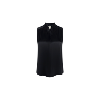 The Phoebe Silk Blouse is a sleeveless black silk charmeuse top with a subtle sheen, designed with a band collar and gentle gathers at the shoulders, displayed against a plain white background.