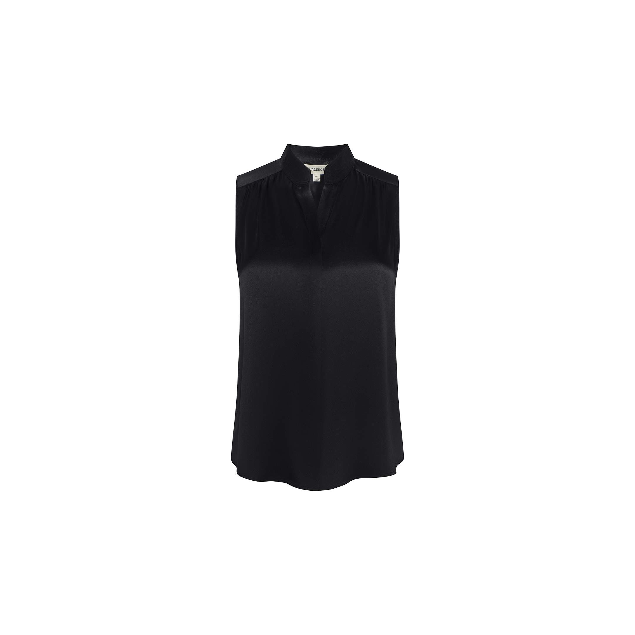 The Phoebe Silk Blouse is a sleeveless black silk charmeuse top featuring a loose fit, stand collar, and subtle gathered detailing at the shoulders, shown against a plain white background.
