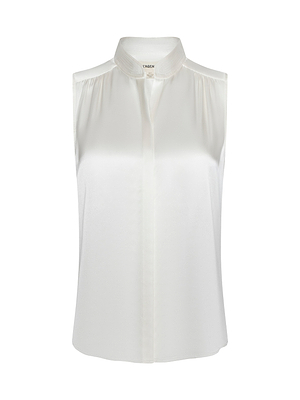 The Phoebe Silk Blouse is a sleeveless white charmeuse top with a band collar, hidden button placket, and smooth, slightly shiny fabric, shown on a plain white background.
