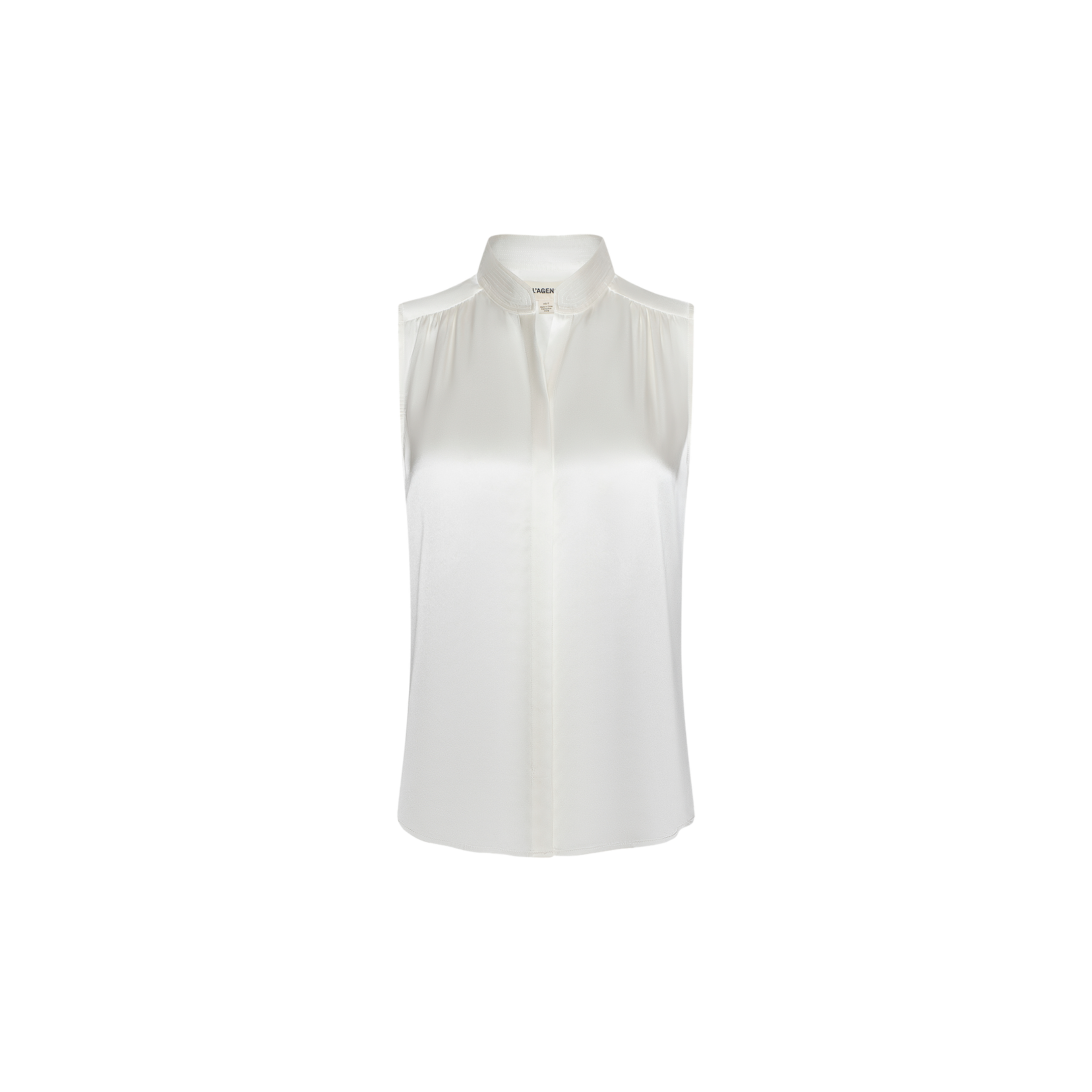 Phoebe Silk Blouse displayed on a plain white background, featuring a sleeveless silk charmeuse design with a band collar and button-down front. The smooth, slightly shiny fabric lends the blouse a polished appearance.