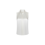 Phoebe Silk Blouse displayed on a plain white background, featuring a sleeveless silk charmeuse design with a band collar and button-down front. The smooth, slightly shiny fabric lends the blouse a polished appearance.