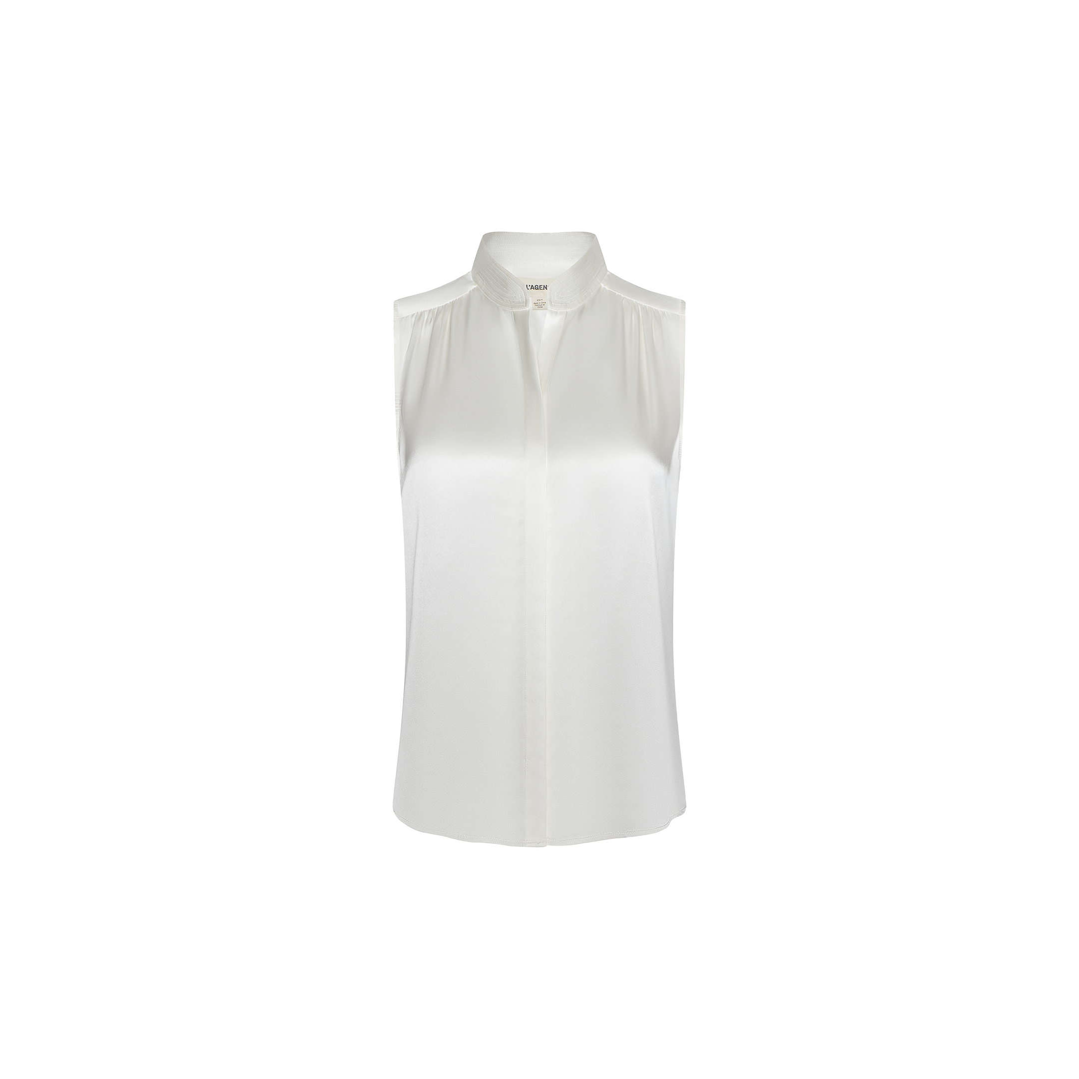 Phoebe Silk Blouse displayed on a plain white background, featuring a sleeveless silk charmeuse design with a band collar and button-down front. The smooth, slightly shiny fabric lends the blouse a polished appearance.