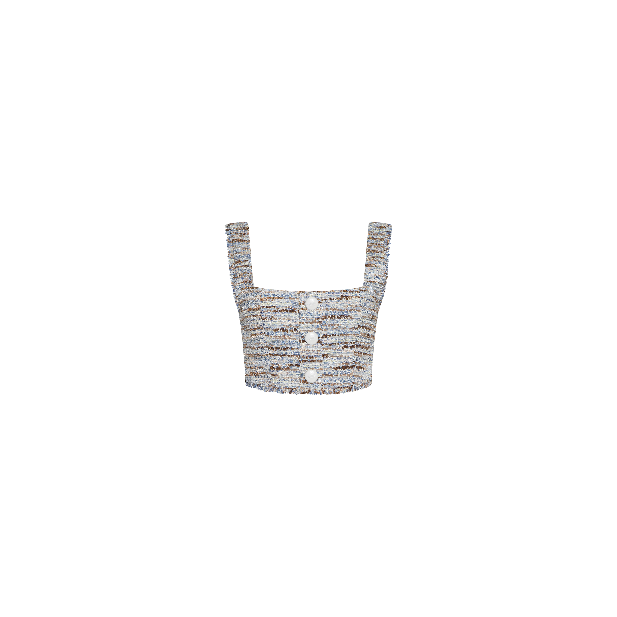Introducing the Muno Tweed Top: a stylish, sleeveless cropped top crafted from textured tweed fabric in neutral hues. It showcases wide straps, a square neckline, and three white buttons down the front, while subtle frayed edges lend a contemporary flair.