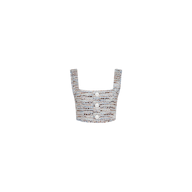 Introducing the Muno Tweed Top: a stylish, sleeveless cropped top crafted from textured tweed fabric in neutral hues. It showcases wide straps, a square neckline, and three white buttons down the front, while subtle frayed edges lend a contemporary flair.