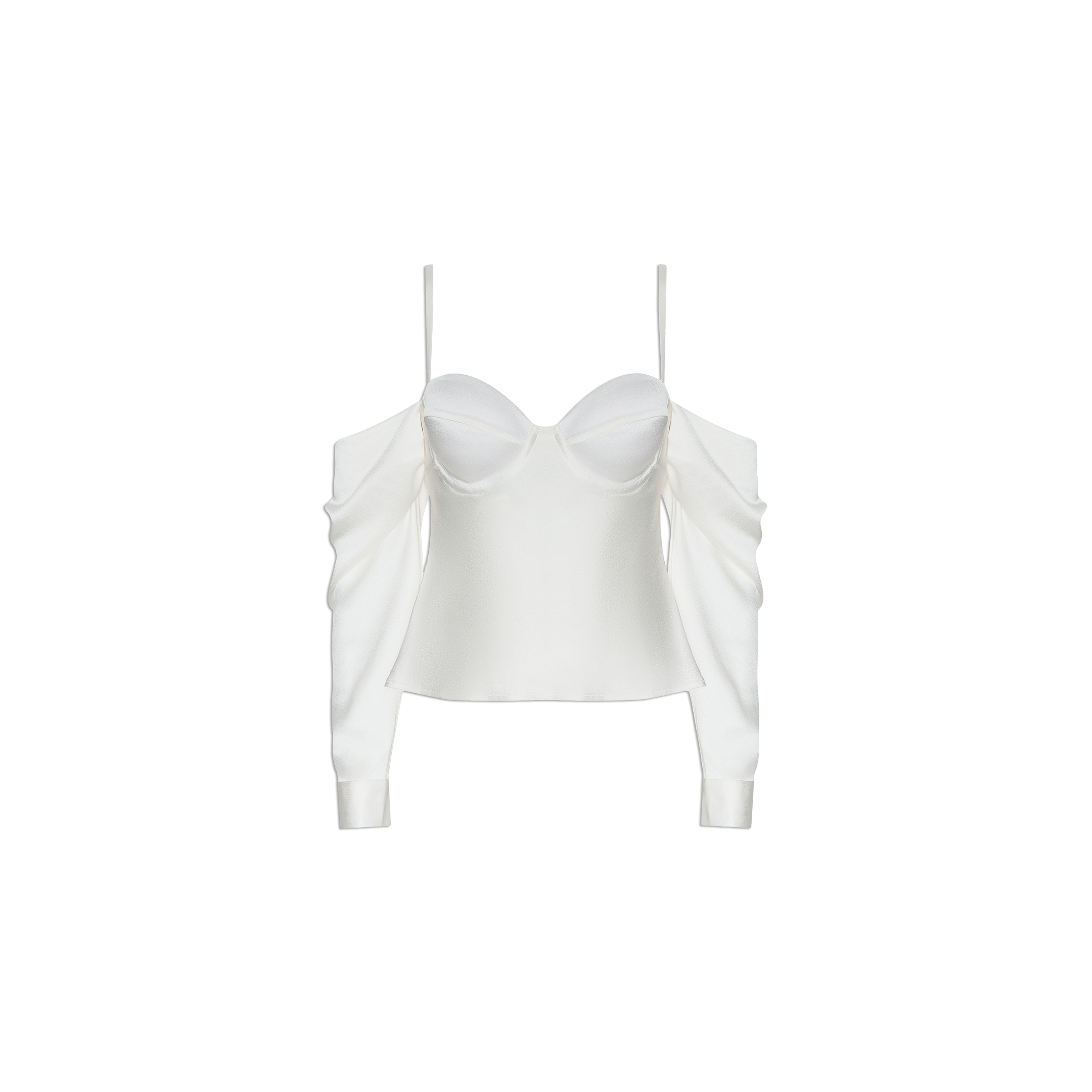 The Saya Satin Top is an elegant white off-the-shoulder satin top featuring thin spaghetti straps, long sleeves, underwire cups, and a fitted bodice. The plain white background showcases the refined design of this sophisticated piece.