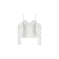 The Saya Satin Top is an elegant white off-the-shoulder satin top featuring thin spaghetti straps, long sleeves, underwire cups, and a fitted bodice. The plain white background showcases the refined design of this sophisticated piece.